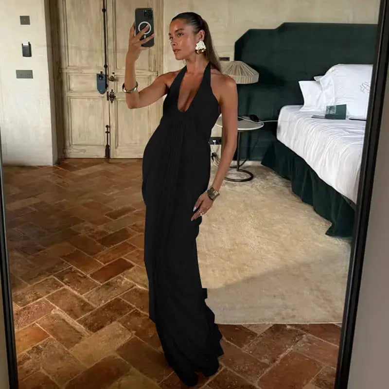 Backless Halter Mesh Maxi Dress With Pleated Skirt My Store