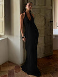 Backless Halter Mesh Maxi Dress With Pleated Skirt My Store