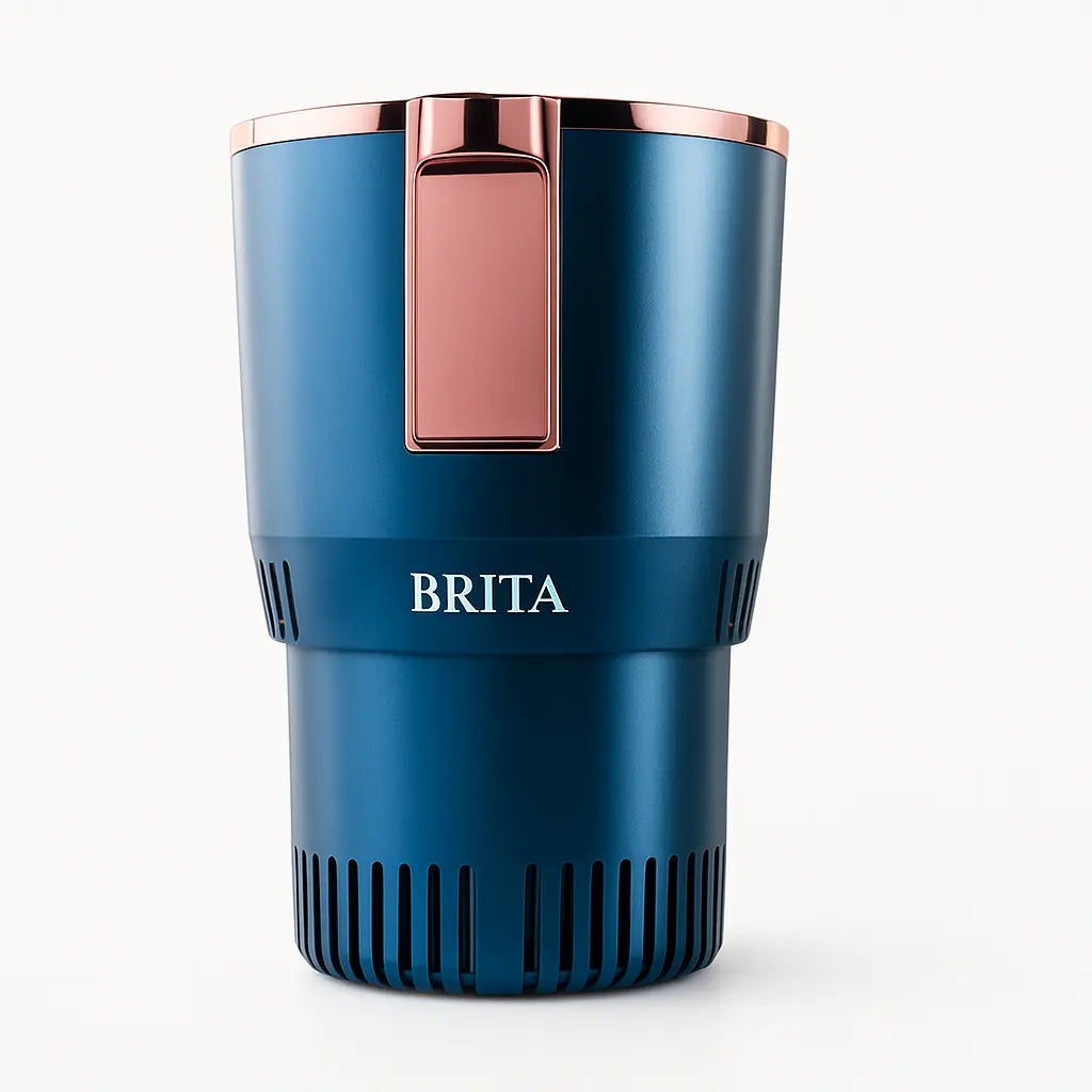 Blue Metallic Cylindrical Device with Rose-Gold Accent Panel Velmora