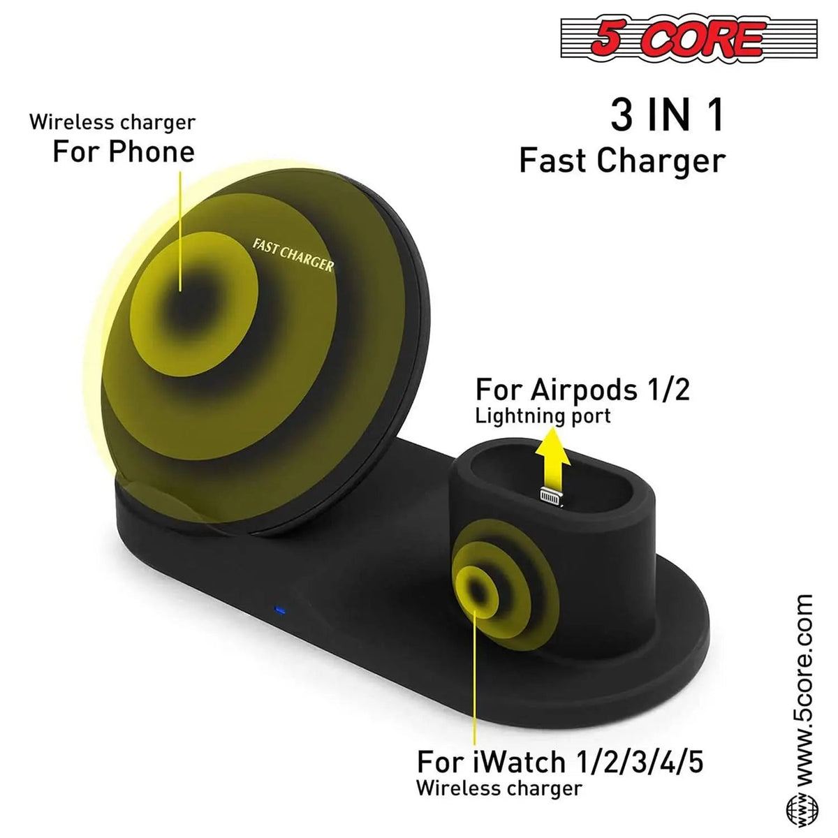 5Core Fast 3 in 1 Wireless Charging Station 10W Phone Watch Earpod Charger Velmora