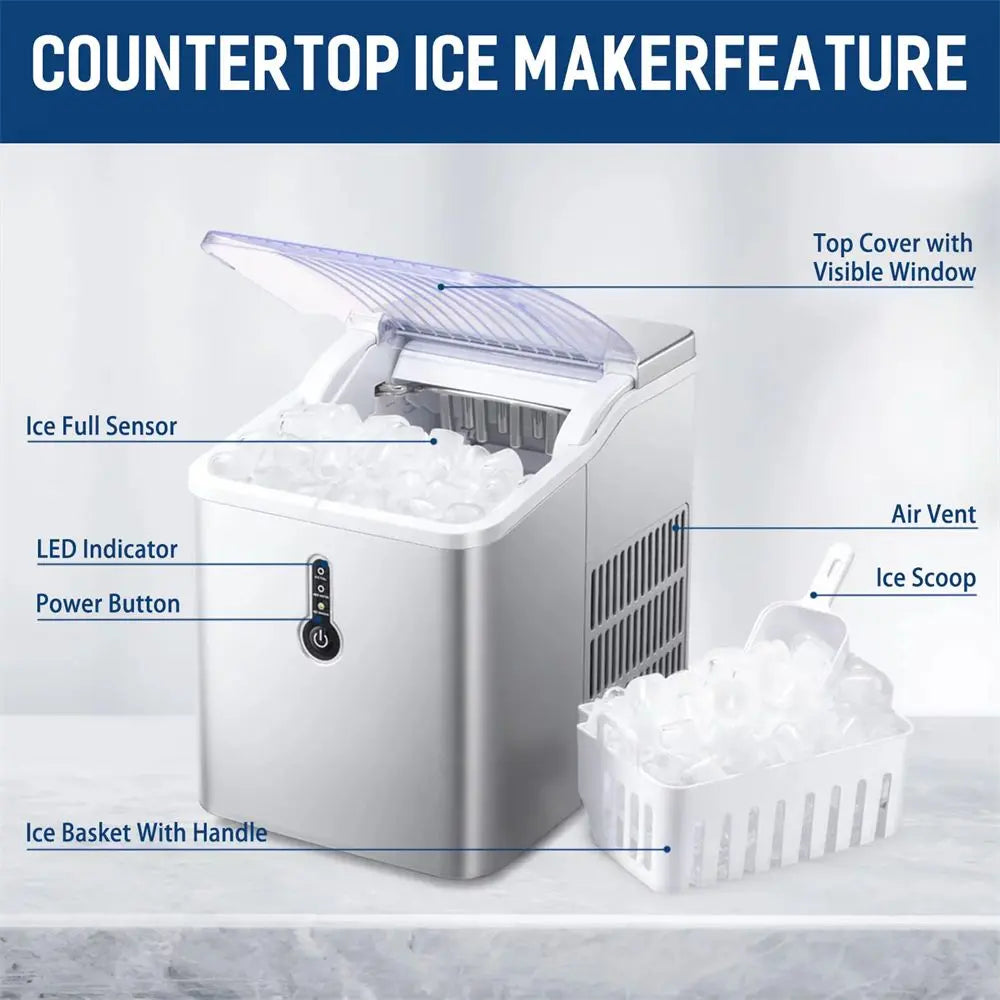 Countertop Ice Maker Machine;  Portable Compact Ice Cube Maker with Ice Scoop & Basket;  26Lbs/24H Ice Machine for Home/Kitchen/Office/Bar;  Black;  Green;  Silver Doba