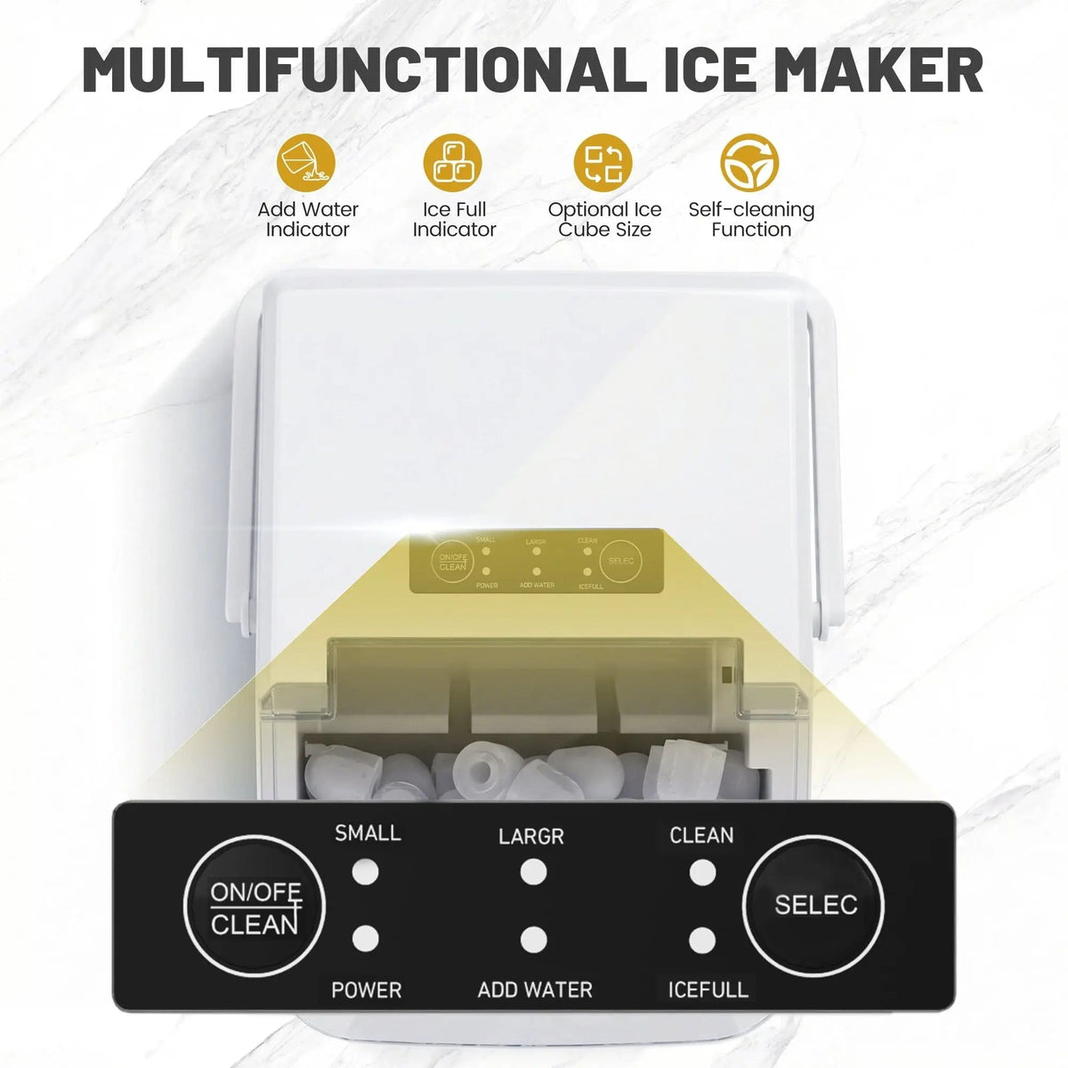 Countertop Ice Maker, Self-Cleaning Portable Ice Maker Machine with Handle and Ice Scoop 9Pcs/6Min 26.5Lbs/24H White Doba