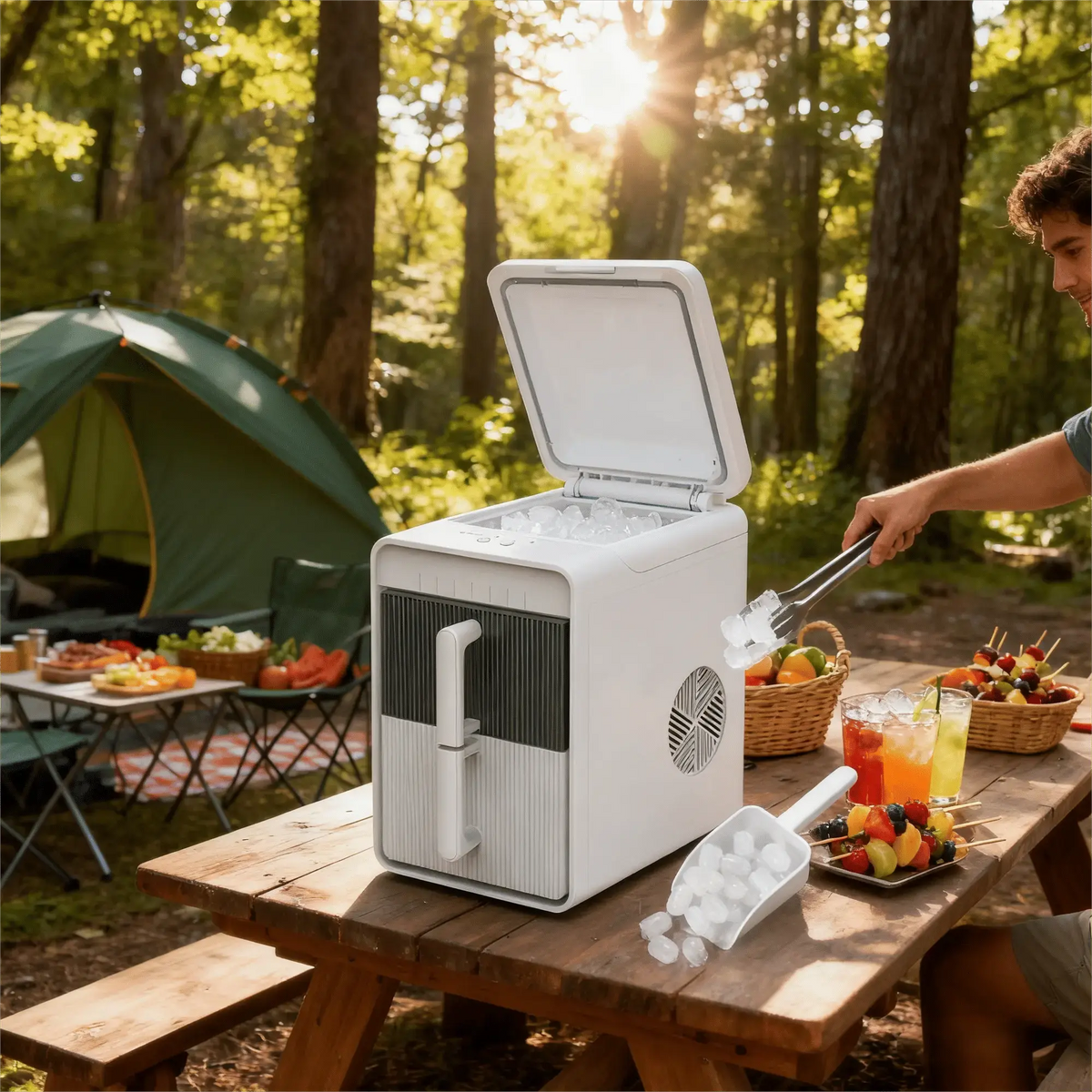 PSZBJ-K12  Automatic Ice Maker-Blue Storage Ice for Outdoor Camping. Features: 12kg/day capacity, PVC material (BPA-free), touch controls, quick ice-making, coffee ice cubes, car-friendly design, Doba