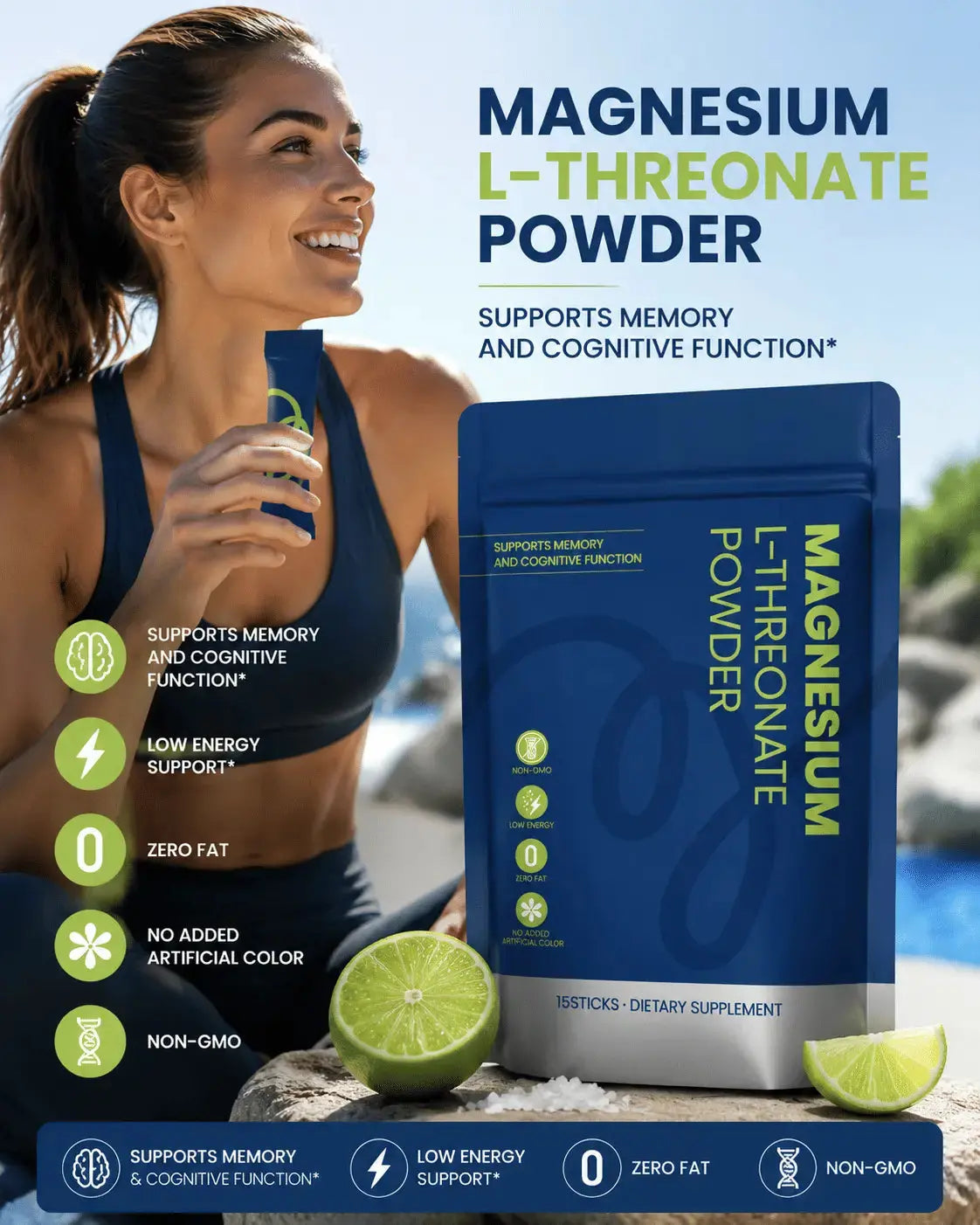 Magnesium L-Threonate Powder 15 Single Serve Sticks Dietary Supplement, Zero Fat Non-GMO No Artificial Color, Daily Nutrient to Help Support Memory & Cognitive Function & Gentle Energy Support Doba
