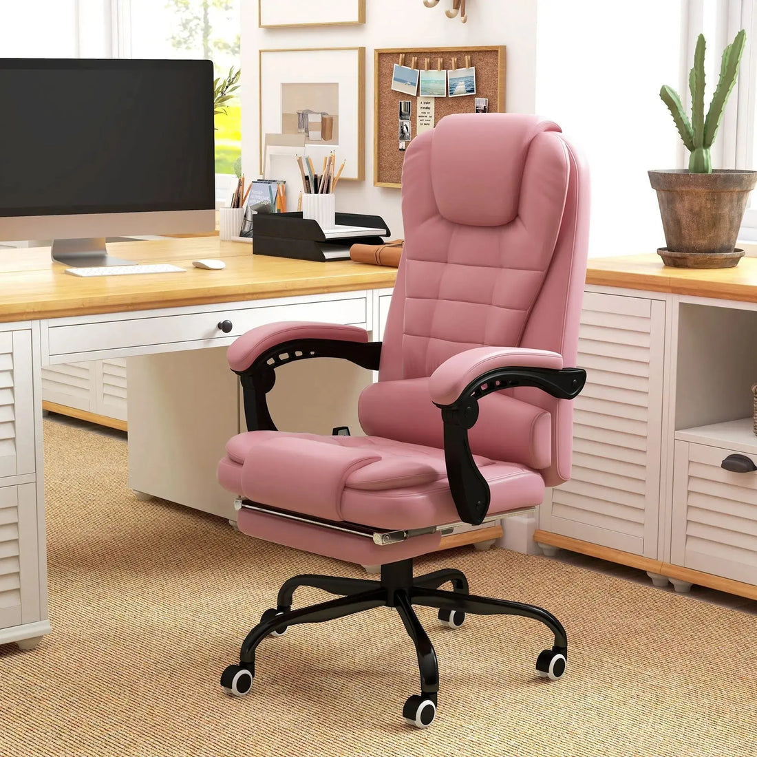 Pink Massage Office Chair High Back Executive Desk Chair with Vibration Massage Retractable Footrest 155 Degree Reclining Faux Leather Computer Chair for Home Office Doba