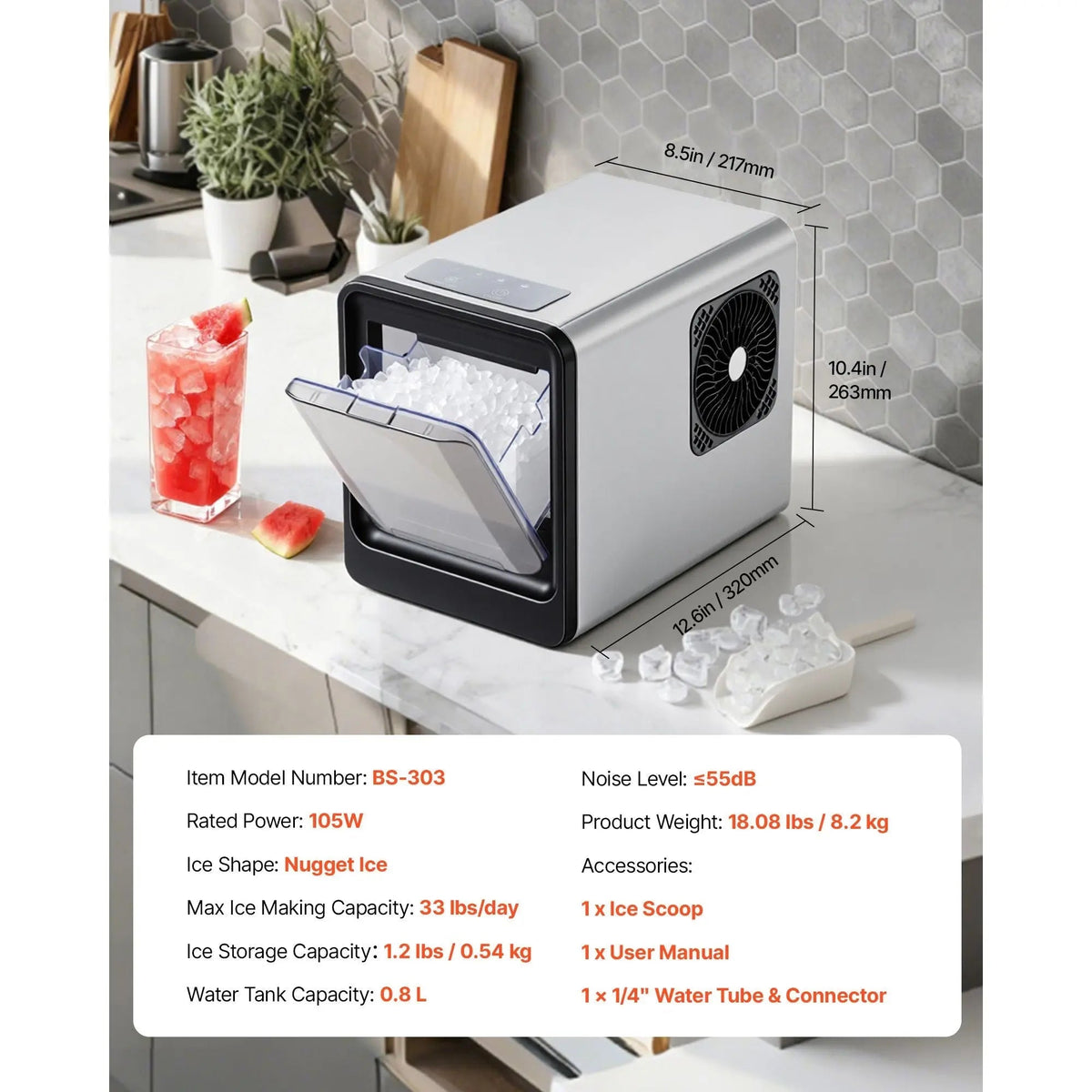 Countertop Ice Maker, 33 lbs per Day, Self-Cleaning Portable Machine with Scoop, Drawer-Style Ice Access, Nugget Ice-Making Machine with Chewable Ices for Home, Kitchen, Office, Bar & Party Doba