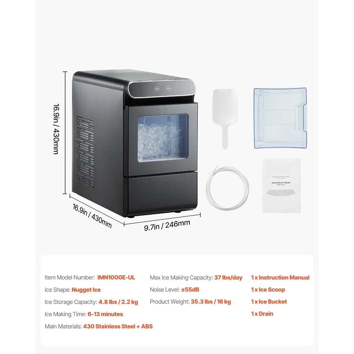 Nugget Ice Maker, 37lbs/24H Pebble Ice Maker with Self Cleaning, Chewable Ice Maker with Ice Scoop and Basket, Stainless Steel Ice Machine with Convenient Ice Transfer for Home Kitchen Office Doba
