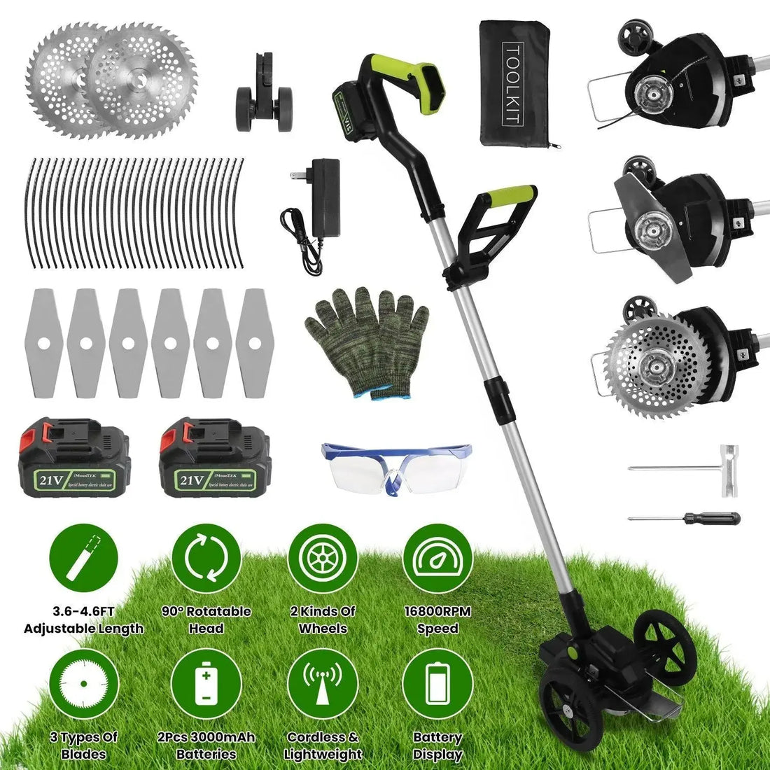 21V Electric Weed Edger Cordless String Trimmer Grass Mower Eater Bush Cutter with 16800RPM 2x 3000mAh Batteries 3.6-4.6FT Length 90° Rotatable Angle Saw Blade Steel Blade String Blade GPCT5290 Doba