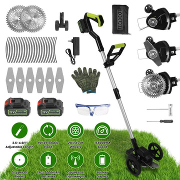 21V Electric Weed Edger Cordless String Trimmer Grass Mower Eater Bush Cutter with 16800RPM 2x 3000mAh Batteries 3.6-4.6FT Length 90° Rotatable Angle Saw Blade Steel Blade String Blade GPCT5290 Doba