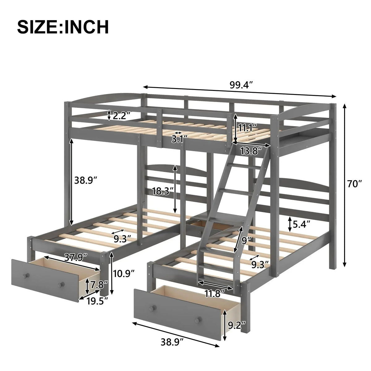 Full over Twin & Twin Bunk Bed,Triple Bunk Bed with Drawers, Gray Doba