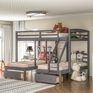 Full over Twin & Twin Bunk Bed,Triple Bunk Bed with Drawers, Gray Doba