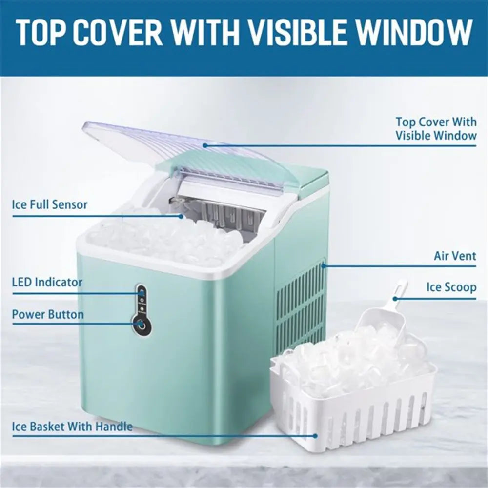 Countertop Ice Maker Machine;  Portable Compact Ice Cube Maker with Ice Scoop & Basket;  26Lbs/24H Ice Machine for Home/Kitchen/Office/Bar;  Black;  Green;  Silver Doba