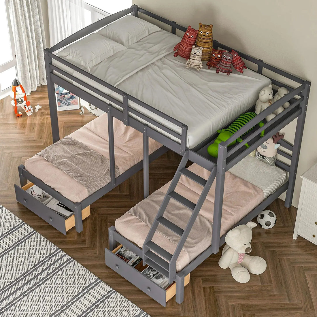 Full over Twin & Twin Bunk Bed,Triple Bunk Bed with Drawers, Gray Doba