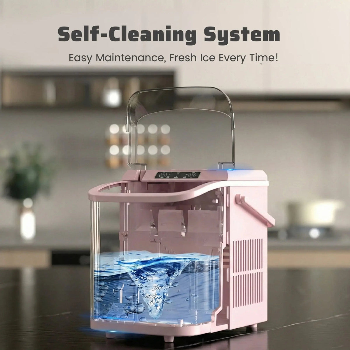 Countertop Ice Maker, Self-Cleaning Portable Ice Maker Machine with Handle and Ice Scoop 9Pcs/6Min 26.5Lbs/24H Pink Doba