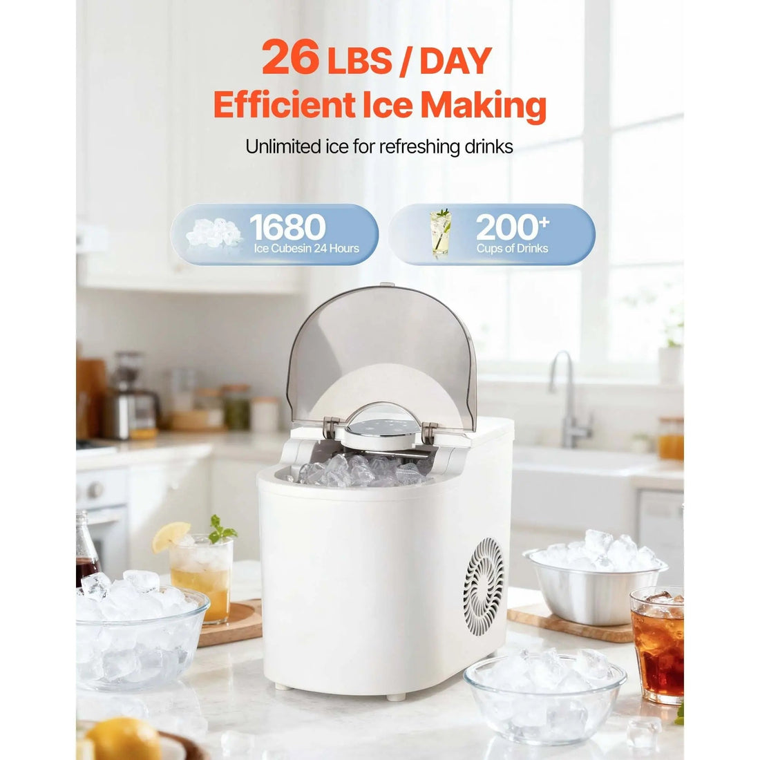 Countertop Ice Maker, 7 Cubes Ready in 6 Mins, 26 lbs per Day, Self-Cleaning Portable Machine with Ice Scoop, Ice-Making Machine with 2 Sizes Bullet Ices for Home, Kitchen, Office, Bar & Party Doba