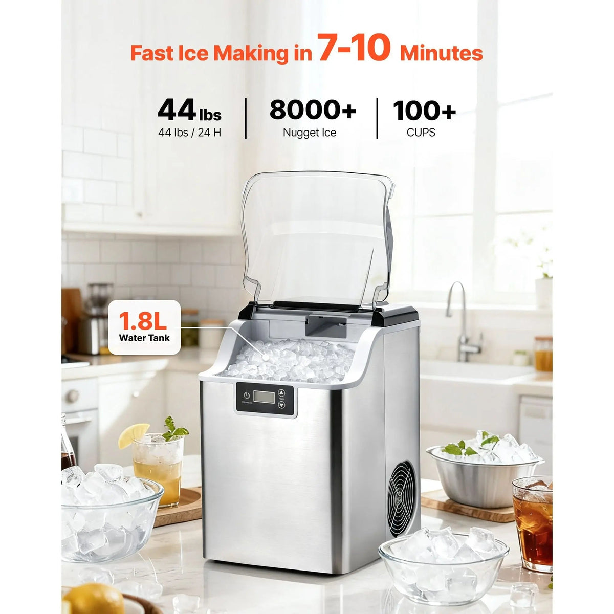 Countertop Ice Maker, 44 lbs per Day, Self-Cleaning Portable Machine with Scoop, 4 lbs Ice-Storage Basket, Nugget Ice-Making Machine with Chewable Ices for Home, Kitchen, Office, Bar & Party Doba