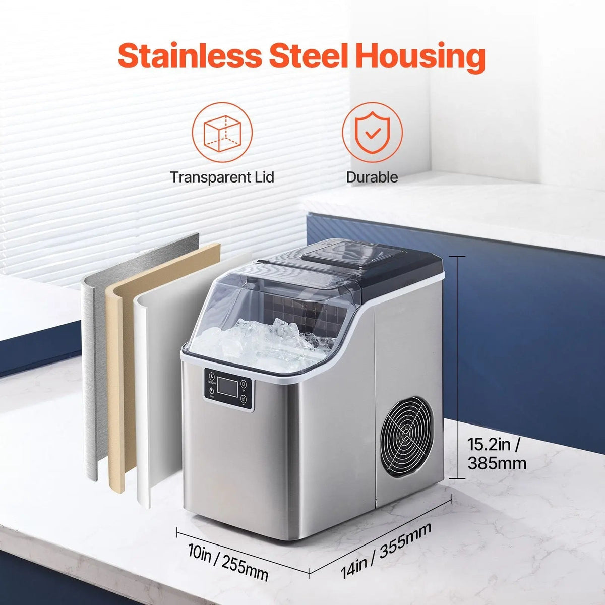 Countertop Ice Maker, 24 Cubes Ready in 15 Mins, 45lbs in 24Hrs, Self-Cleaning Portable Ice Maker with Ice Scoop and Basket, Ice Machine with 3 Sizes Ice Cube for Home Kitchen Office Party Doba