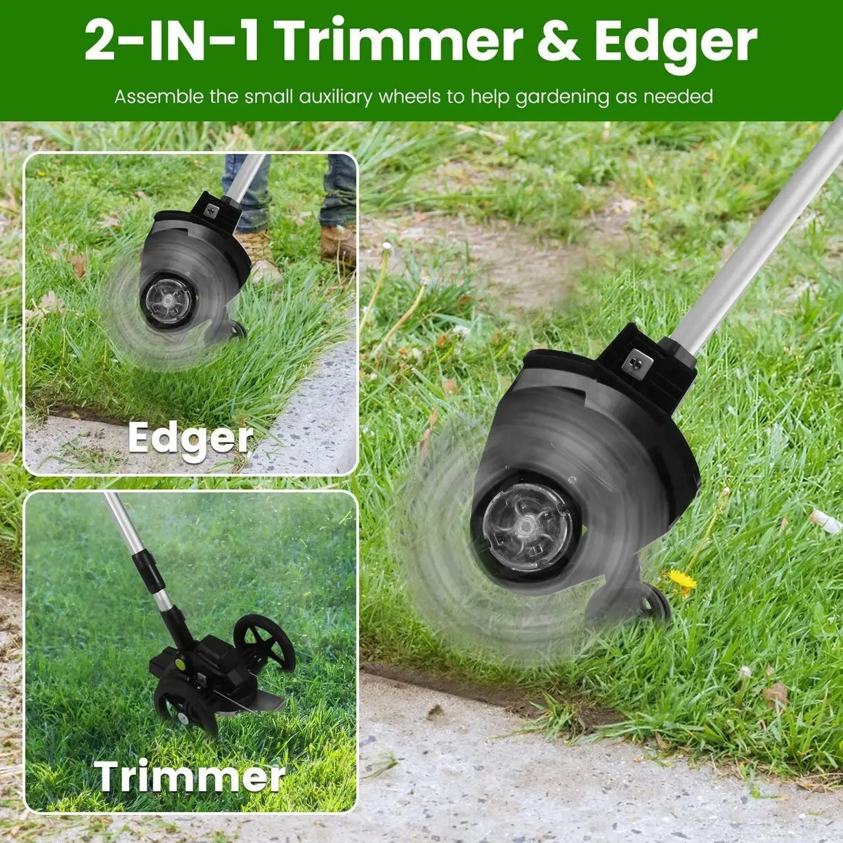 21V Electric Weed Edger Cordless String Trimmer Grass Mower Eater Bush Cutter with 16800RPM 2x 3000mAh Batteries 3.6-4.6FT Length 90° Rotatable Angle Saw Blade Steel Blade String Blade GPCT5290 Doba