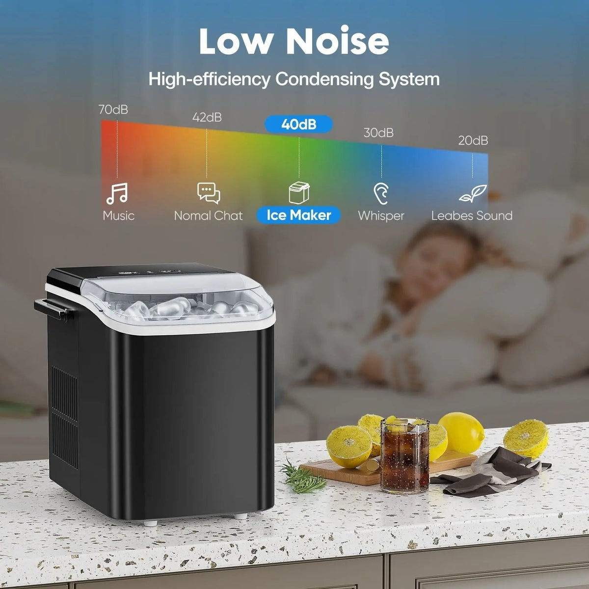 Countertop Ice Maker, Self-Cleaning Portable Ice Maker Machine with Handle and Ice Scoop 9Pcs/6Min 26.5Lbs/24H Black Doba