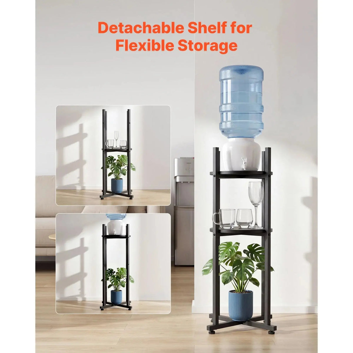 Water Dispenser Stand, 2 Tiers Water Jug Holder for 1 Bottle, Heavy Duty Jug Rack Organizer with Detachable Storage Shelf, Cross-Shaped Stable Base, for Kitchen, Office, Living Room, Black Doba