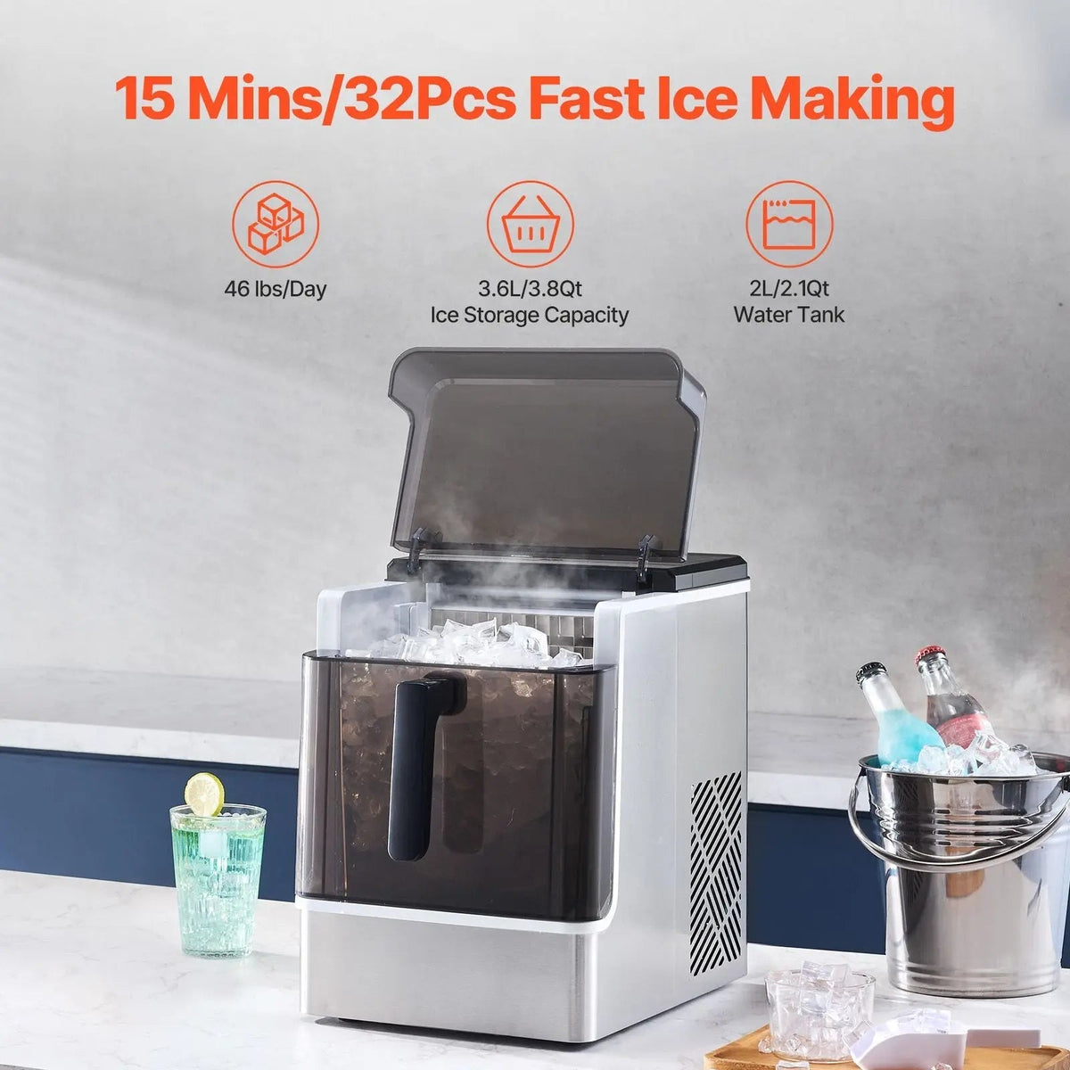 Countertop Ice Maker, 32 Cubes Ready in 15 Mins, 46lbs in 24Hrs, Self-Cleaning Portable Ice Maker with Convenient Ice Transfer, Ice Machine with 3 Sizes Ice Cube for Home Kitchen Office Party Doba