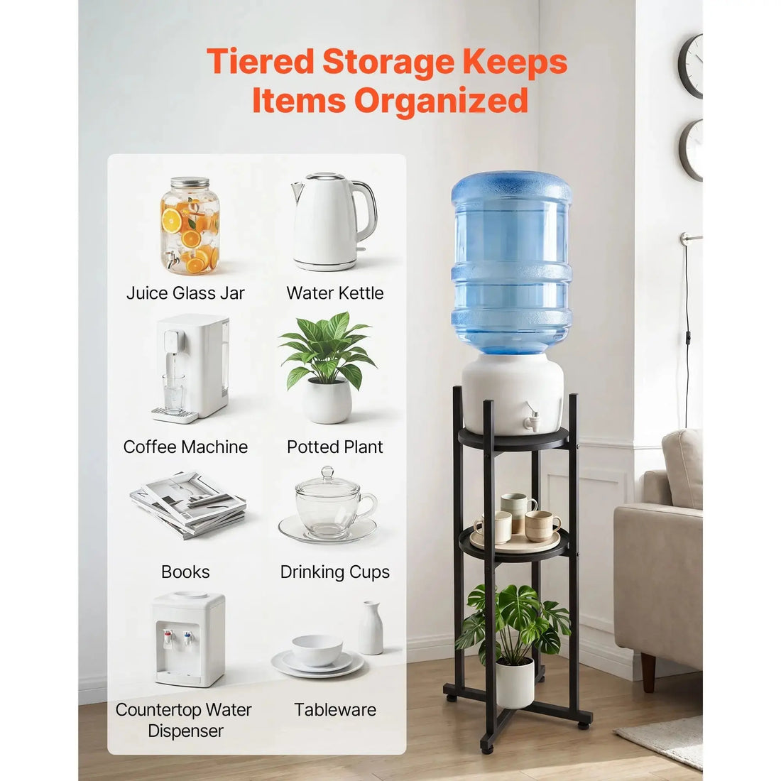 Water Dispenser Stand, 2 Tiers Water Jug Holder for 1 Bottle, Heavy Duty Jug Rack Organizer with Detachable Storage Shelf, Cross-Shaped Stable Base, for Kitchen, Office, Living Room, Black Doba