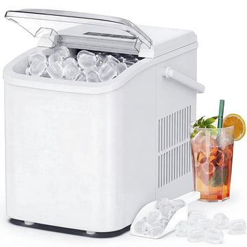 Countertop Ice Maker, Self-Cleaning Portable Ice Maker Machine with Handle and Ice Scoop 9Pcs/6Min 26.5Lbs/24H White Doba