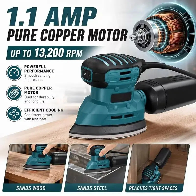 130W Electric Detail Sander, Handheld Mouse Sander with Dust Collection System, 13200 RPM Mini Sanding Tool with 12 Sandpapers for Woodworking, DIY and Tight Spaces Doba