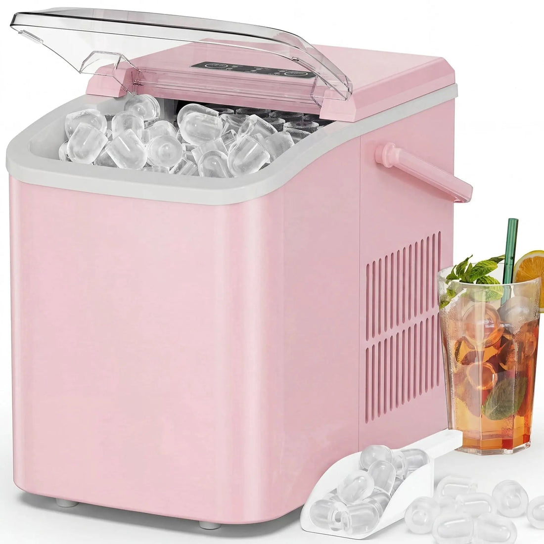 Countertop Ice Maker, Self-Cleaning Portable Ice Maker Machine with Handle and Ice Scoop 9Pcs/6Min 26.5Lbs/24H Pink Doba